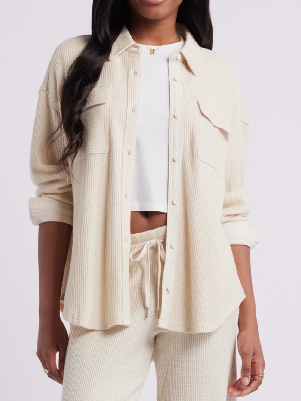 BP Oversize Thermal Knit Button-Up Shirt - Beige Oatmeal - Medium